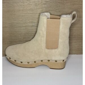 J. Crew Women's Beige Suede Chelsea Clog Boots Faux Fur Lined Size 9 Style BD336